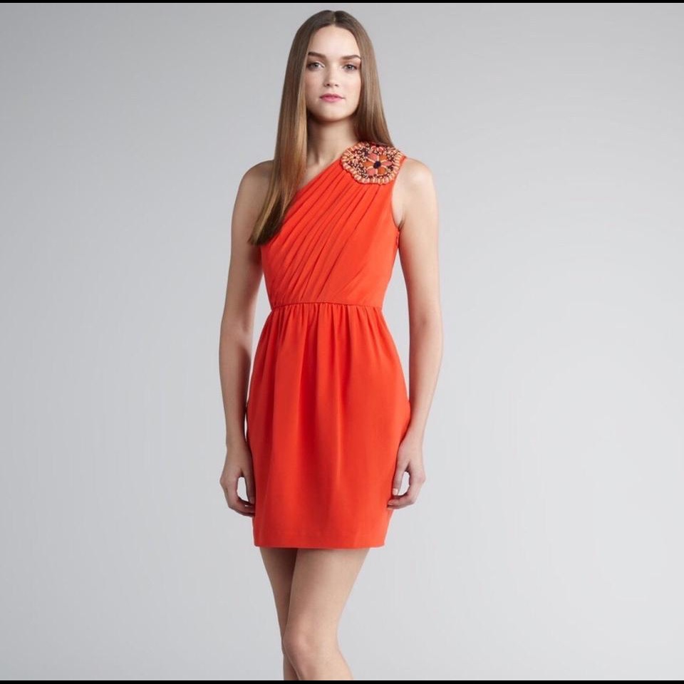 Shoshanna Alexis Orange One Shoulder Beaded Dress